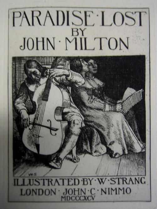William Strang, 'Milton playing to his daughters', title page to Paradise Lost: A series of twelve illustrations etched by William Strang. (London: John C. Nimmo, 1896), etching.