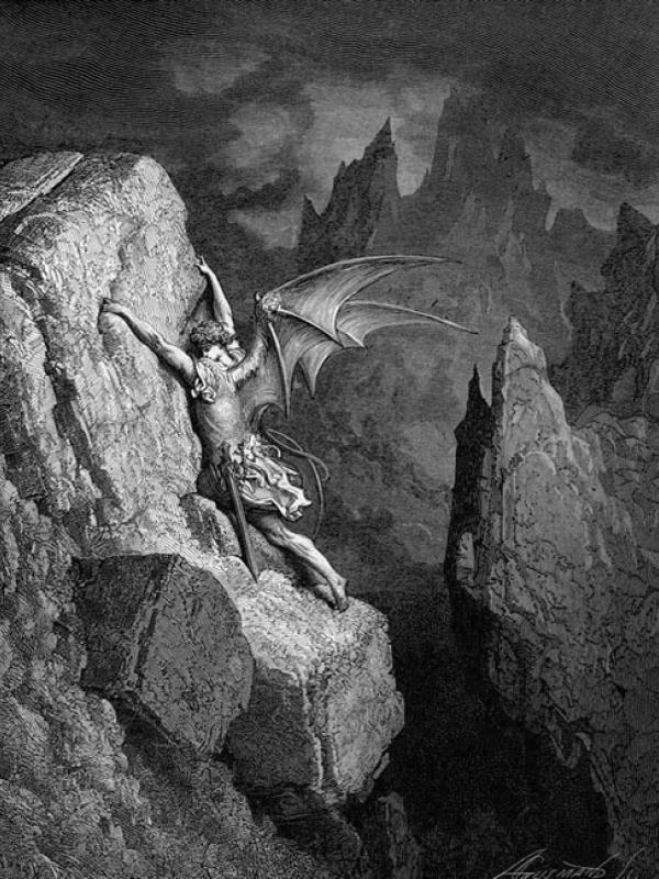 Gustave Dore, illustration to 'With head, hands, wings, or feet, pursues his way, / And swims, or sinks, or wades, or creeps, or flies.' (2.949-50) (1866)