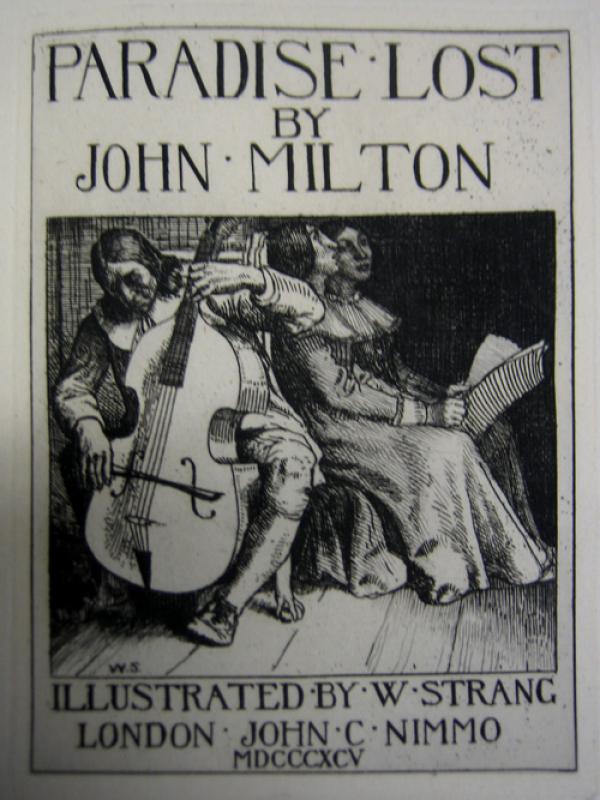 William Strang, 'Milton playing to his daughters', title page to Paradise Lost: A series of twelve illustrations etched by William Strang. (London: John C. Nimmo, 1896), etching.